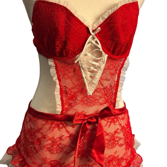Victoria’s Secret Red Lace Apron Corset Babydoll Lingerie - Picture 2 of 5